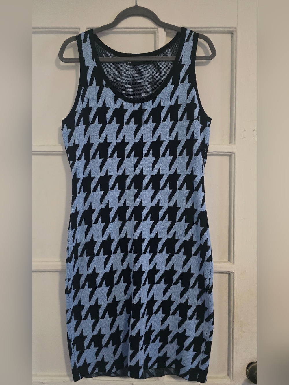 Sleeveless Houndstooth Tank Dress and Cardigan - Blue & Black